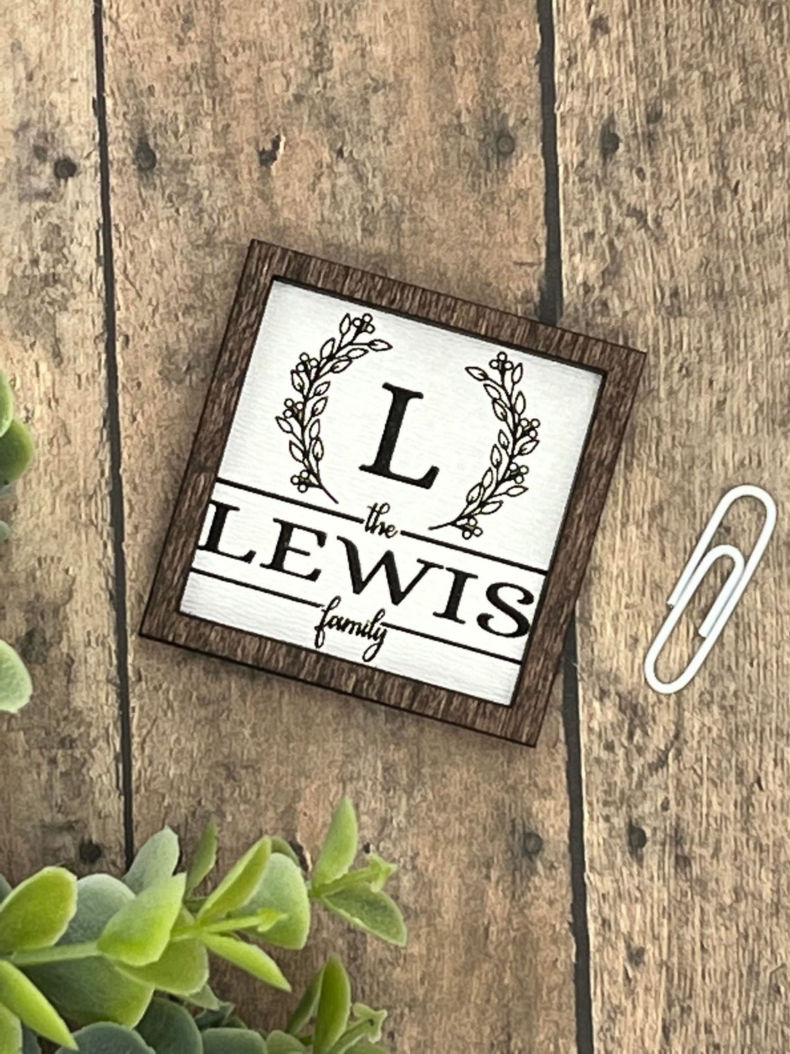 Custom Family Name Wood Sign, Red Mahogany Frame (3x3