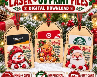 Christmas Gift Card Holder SVG PNG, Laser Cut Ornament File, UV Print Ready Digital Download, Santa Snowman Gingerbread Lightburn
