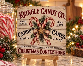 Candy Cane Christmas Wood Sign, 4x4 Holiday Shelf Sitter with Easel, Christmas Kitchen Decor, Tiered Tray Candy Cane Sign