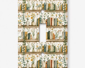 Bookshelf Light Switch Cover, Book Lover, Botanical Wall Plate,Bookish Gift for Reader