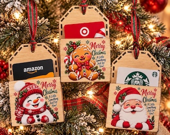 Christmas Gift Card Holder Ornament, Wooden Holiday Money Holder, Santa Snowman Gingerbread Gift Card Ornament