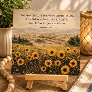 May include: A square wooden sign featuring a landscape painting of a sunflower field under a soft sky. The text reads: For I Know The Plans I Have For You, Declares The Lord, Plans To Prosper You And Not To Harm You, Plans To Give You Hope And A Future, Jeremiah 29:11.