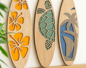 Surfboard decor  Wall Art Coastal Sea Turtle Palm Monstera Tropical Ocean Beach House Gift