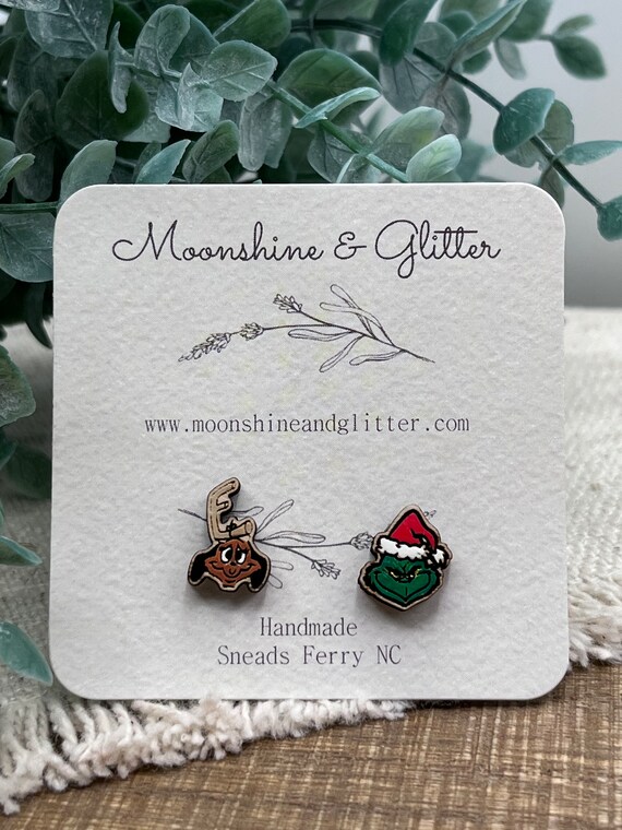 Handpainted Wood Stud Earrings, Grinch Green Monsters, Christmas Hypoallergenic Jewelry, Tiny Festive Holiday Accessories