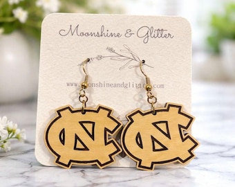 North Carolina Tarheels wooden dangle earrings, college sports, lightweight jewelry