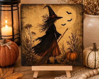 Fall Wood Sign, Witch Halloween Decor with Tabletop Easel