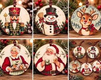Vintage  Christmas Ornaments, Santa Mrs Claus Reindeer Snowman Nutcracker, Rustic Christmas Ornament Set, Holiday Gift Set