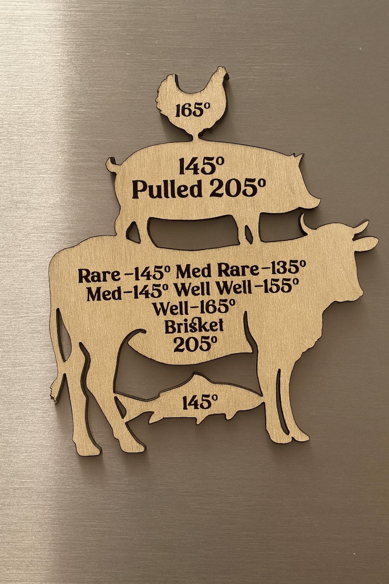 May include: Wooden cutting guide with animal shapes, including a chicken, pig, cow, and fish. The guide displays internal cooking temperatures for various meats, such as 165&deg; for chicken and 145&deg; for fish.