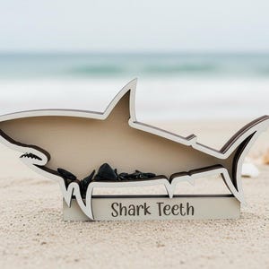 Shark Tooth Shadow Box | Beach Decor, Coastal Home Display, Collectible Teeth Organizer shown in an AI-generated listing photo