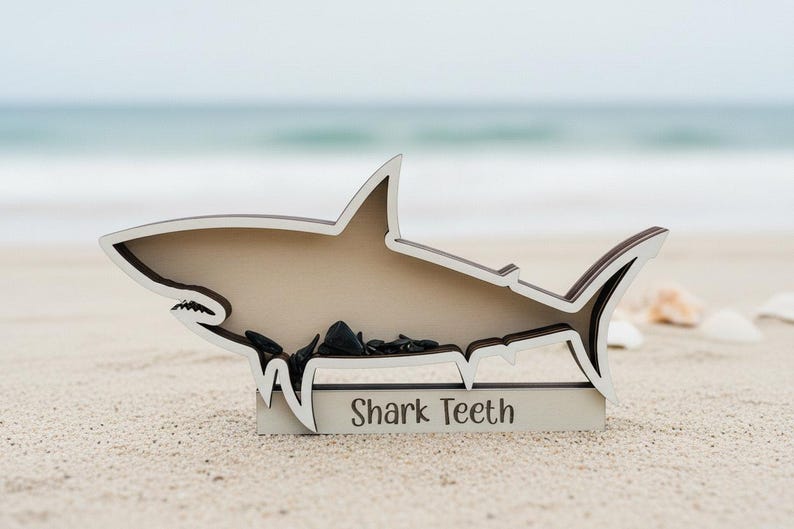 Shark Tooth Shadow Box | Beach Decor, Coastal Home Display, Collectible Teeth Organizer shown in an AI-generated listing photo