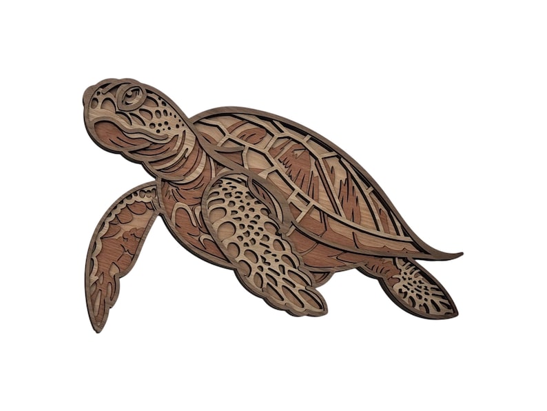 Marine Life Layered Wooden Sea Turtle Wall Art – Ocean Decor, Beach House, Handcrafted Seaside birc mah woak waln