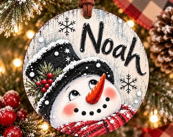 Personalized Snowman Ornament, Wood Custom Name Christmas