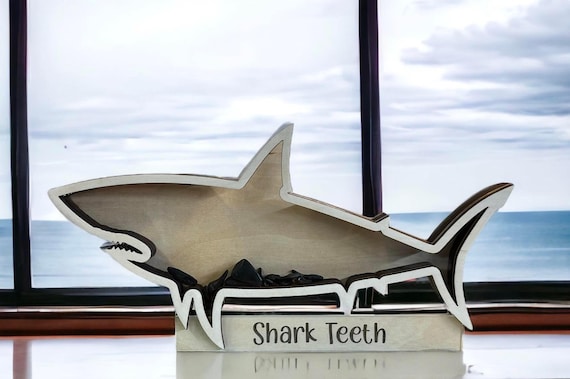 Shark Tooth Display Shadow Box, Birch Wood and Acrylic Beach Decor
