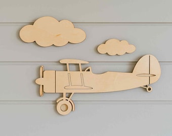 Nursery decoration wooden airplane and cloud set, customizable, unfinished baby room, whimsical sky decor