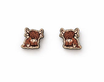 Hand-painted Highland Cow Stud Earrings, Hypoallergenic Farm Jewelry, Small Animal