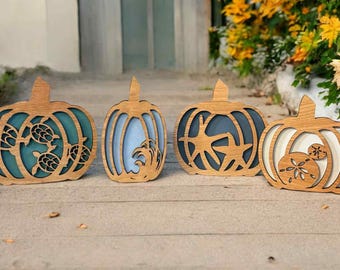 Coastal Fall Pumpkin Decor | Layered Wood Pumpkins with Sea Turtles, Waves, Starfish & Sand Dollars | Beach Autumn Shelf Sitters