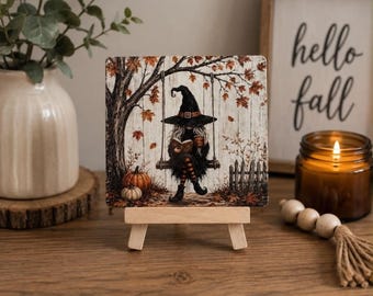 Witch Halloween Sign, 4x4 Mini Wood Decor with Easel
