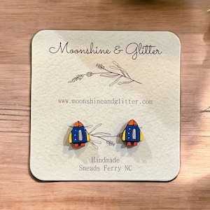 Hand-painted Rocket Ship Stud Earrings - Hypoallergenic Stainless Steel Space earth planets aliens