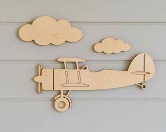Nursery Decoration Wooden Airplane and Cloud Set, Customizable Sky Decor