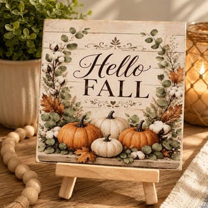 Hello Fall Mini Wood Sign, 4x4 Rustic Autumn Art with Easel