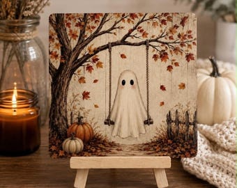 Ghostly Wood Sign with Ghost on Swing, Mini Halloween Easel Display