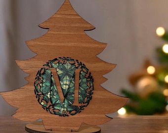 Aangepaste houten monogram kerstboom theelichthouder | Gepersonaliseerde kerstdecoratie