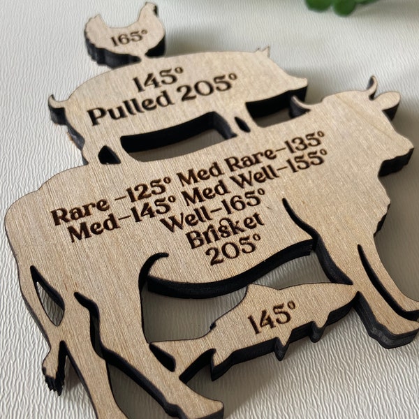 Meat temperature wood laser engraved magnet fish beef chicken pork