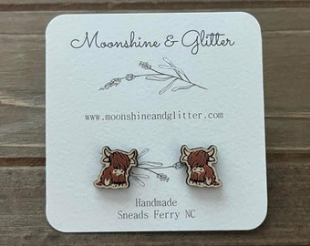 Hand-painted Highland Cow Stud Earrings - Farm Farmer Hypoallergenic Gift for Her Cow lover