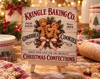 Gingerbread Christmas Wood Sign, 4x4 Holiday Shelf Sitter with Easel, Christmas Kitchen Decor, Tiered Tray Gingerbread Sign