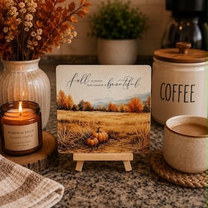 Hello Fall Sign, 4x4 Mini Wood Easel Decor with Autumn Landscape