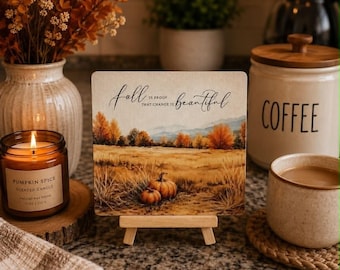 Hello Fall Sign, 4x4 Mini Wood Easel Decor with Autumn Landscape