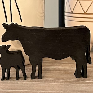 Black Mini Cow and Calf Wood Cutouts - 2 Piece Set for Tiered Tray Decor, Laser Cut and Painted - Farmhouse Decor