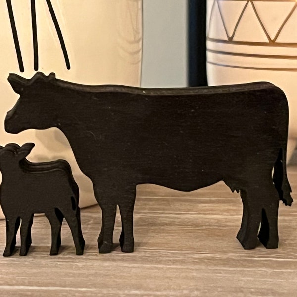 Black Mini Cow and Calf Wood Cutouts - 2 Piece Set for Tiered Tray Decor, Laser Cut and Painted - Farmhouse Decor