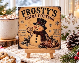 Cocoa Cottage Sign, 4x4 UV Printed Wood Snowman Shelf Sitter with Easel