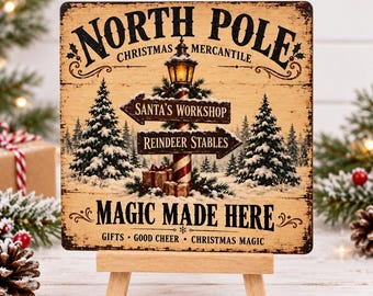 North Pole Christmas Wood Sign, 4x4 Holiday Shelf Sitter with Easel, Santa Workshop Decor, Rustic Christmas Tiered Tray Sign