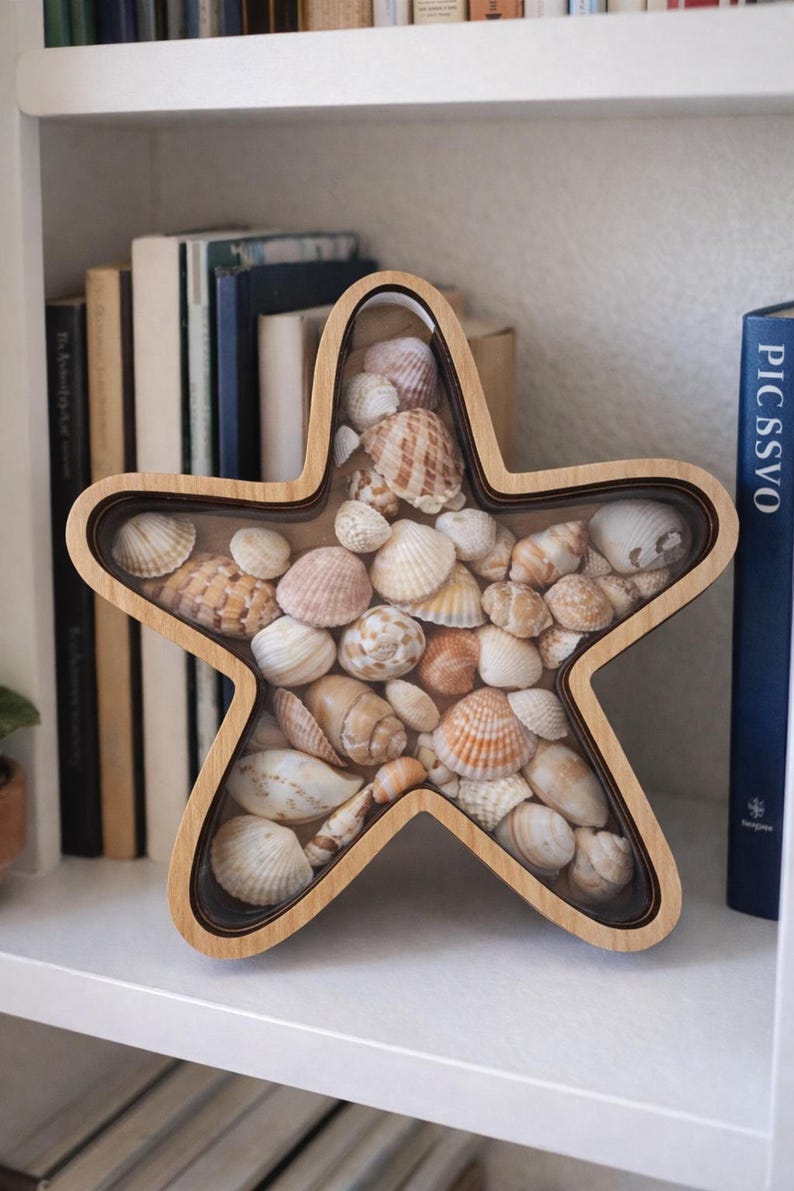 Erinnerungsbox im Küstenstil, Seestern-Design mit Walnussrahmen für Strandmuscheln Bild 3