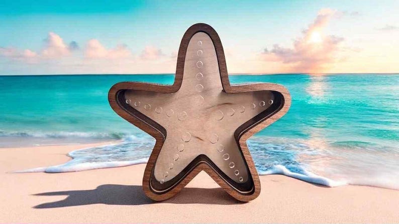 Erinnerungsbox im Küstenstil, Seestern-Design mit Walnussrahmen für Strandmuscheln Walnut with holes
