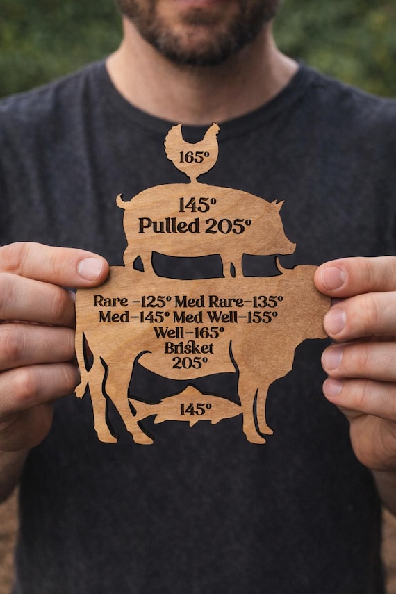 Meat Temperature Guide Magnet, Wooden BBQ Temp Chart, Grill Master Gift, Kitchen Cooking Magnet