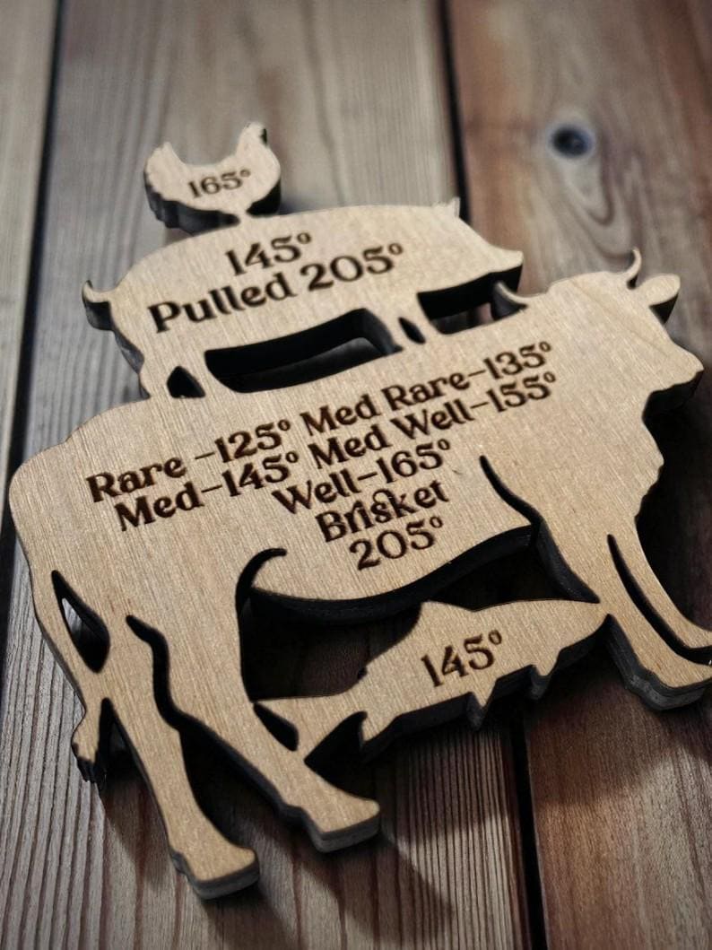 May include: Wooden meat temperature guide with cut-out shapes of a chicken, pig, cow, and fish. The guide includes temperatures for various meat preparations, such as pulled pork at 205 degrees Fahrenheit and brisket at 205 degrees Fahrenheit.