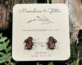 Walnut Wood Easter Bunny Stud Earrings – Hypoallergenic Spring Jewelry for Kids and Adults