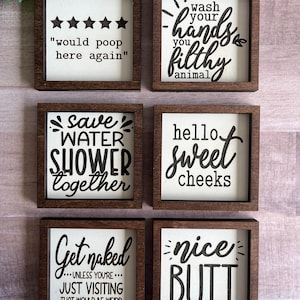 Miniature tiered tray wood signs 3x3 bathroom addition humor funny get naked poop sweet cheeks wash your hands housewarming gift