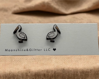 Handpainted Pelican Stud Earrings, Maple Wood, Coastal Jewelry