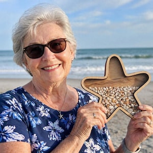 Beach Sea Shell Starfish Treasure Box: Walnut Frame, Coastal Decor Display shells shark teeth