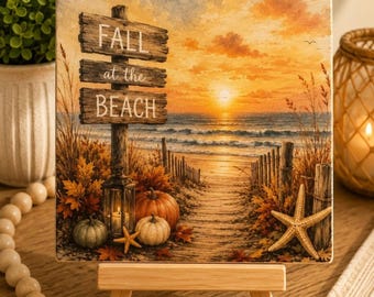 Fall Beach Decor Mini Wood Sign with Easel, Coastal Autumn Shelf Sitter
