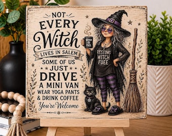 Halloween Shelf Sign, 4x4 Wood Decor with Vintage Witch Design