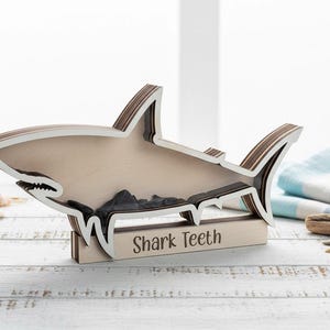 Shark Tooth Shadow Box | Beach Decor, Coastal Home Display, Collectible Teeth Organizer shown in a professional product listing photo