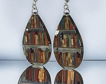 UV-Printed Books on bookshelf Dangle Earrings on Mirror Acrylic - Ideal Gift for Book Lovers and Teachers - hypoallergenic stainless steel