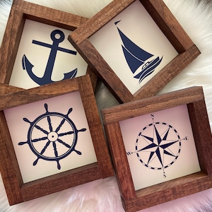 Nautical mini wood sign compass boat wheel anchor
