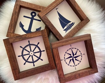 Nautical mini wood sign compass boat wheel anchor