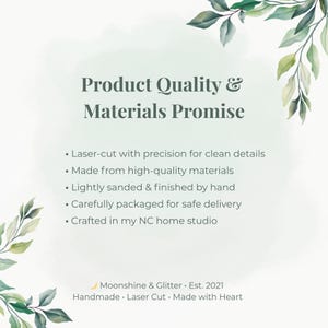 Text on a light green background with watercolor leaf accents reads "Product Quality & Materials Promise" listing features like laser-cut precision and high-quality materials.